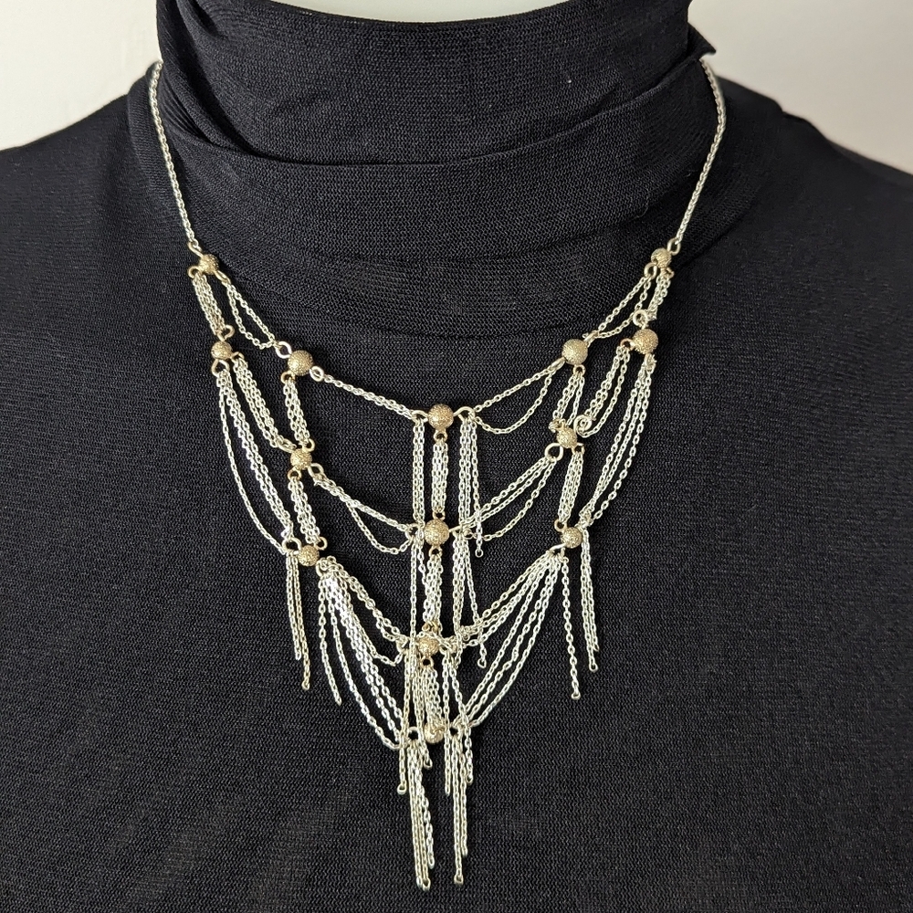 Silver Color and Champagne Gold Chain Necklace Dangling Statement Apt 9